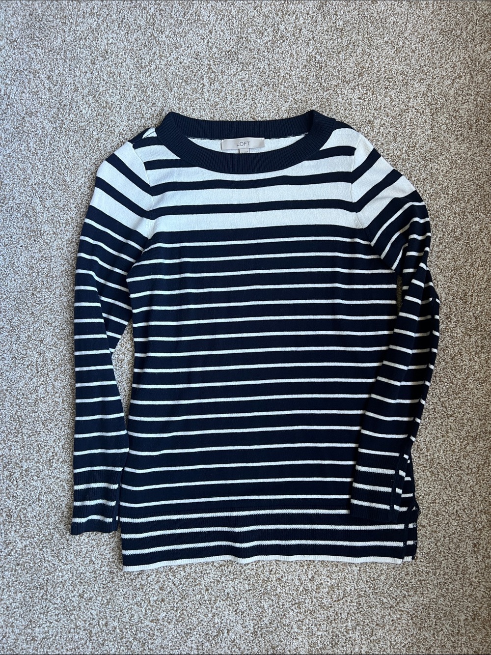 LOFT Navy and White Striped Crewneck Sweater